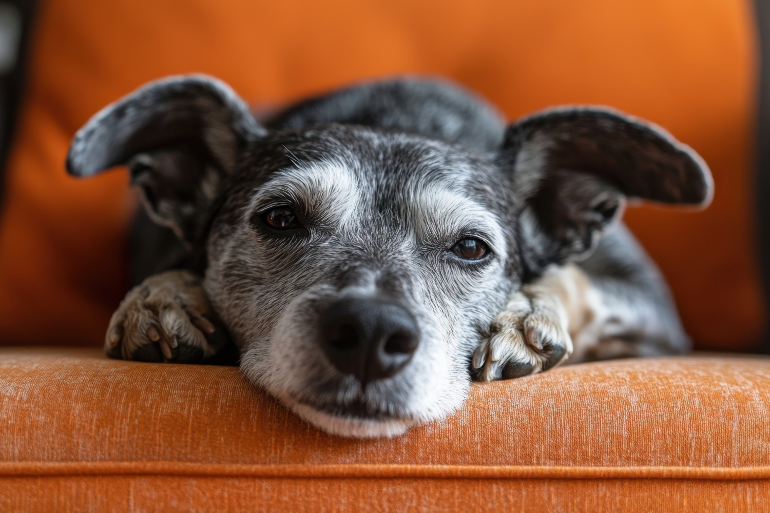 senior dog laying down on an orange couch
